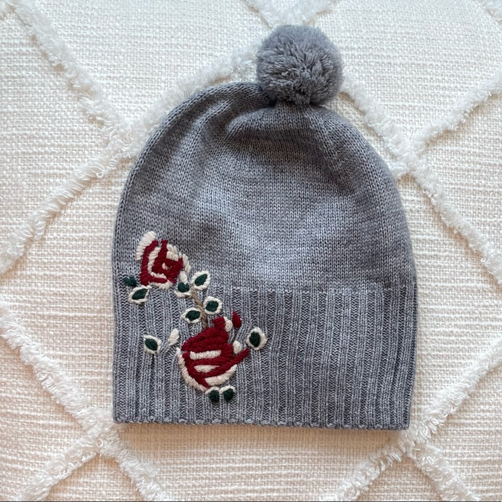 Studio Workshop embroidery, pom pom, grey beanie/women’s hat. New without tags.